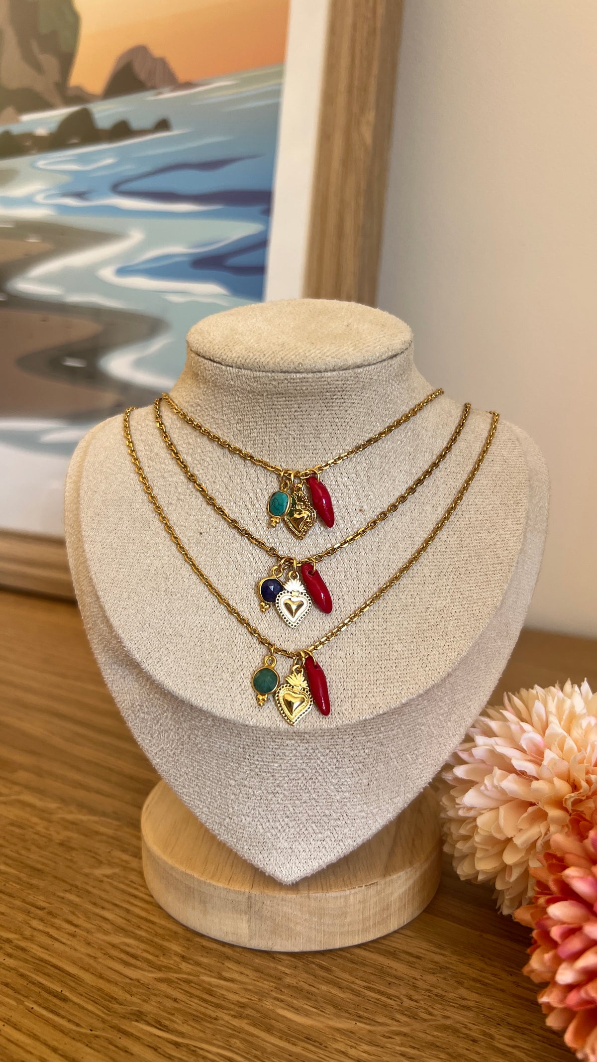 Collier en acier inoxydable - pierre naturelle et corail