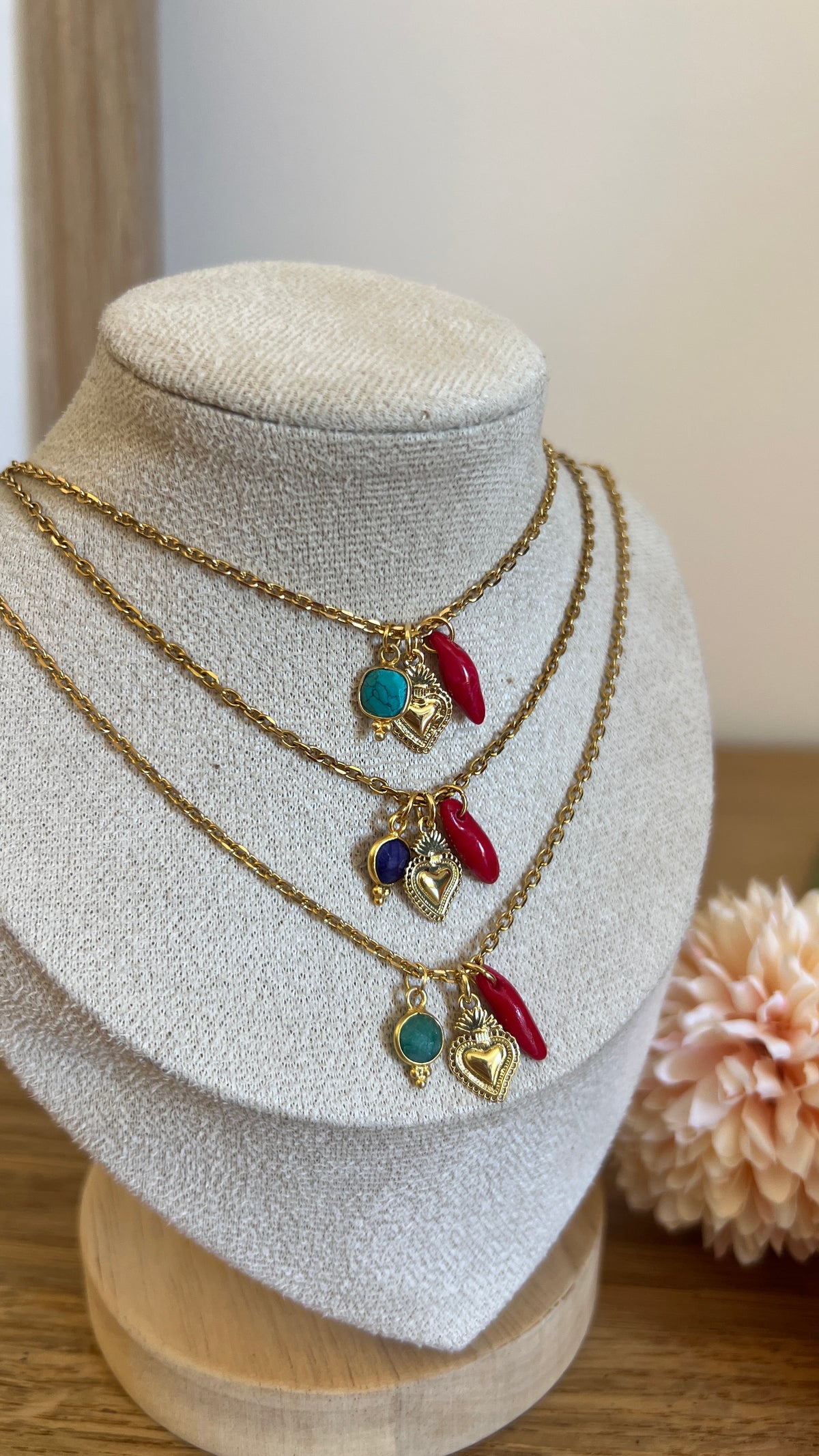 Collier en acier inoxydable - pierre naturelle et corail