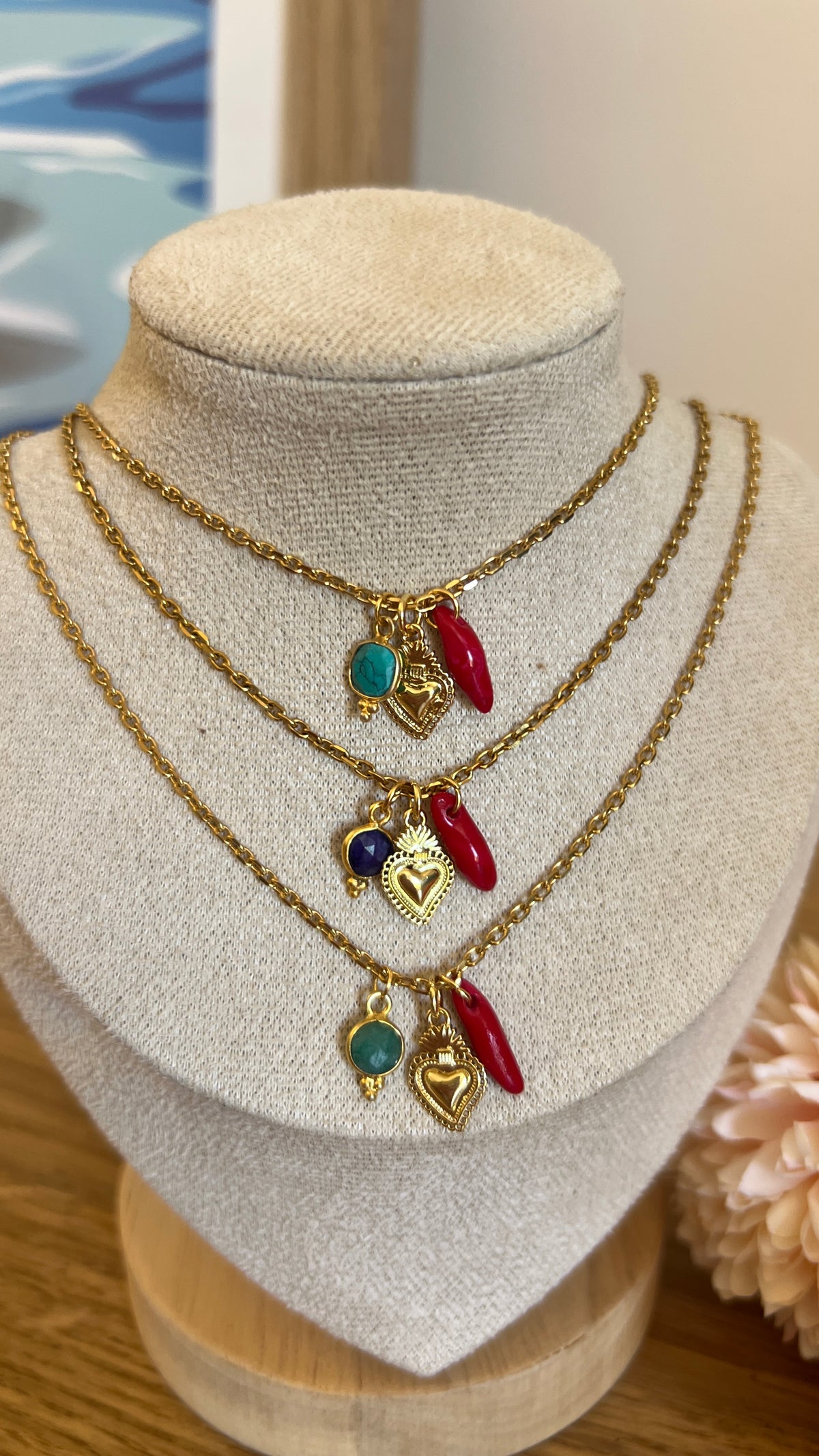 Collier en acier inoxydable - pierre naturelle et corail