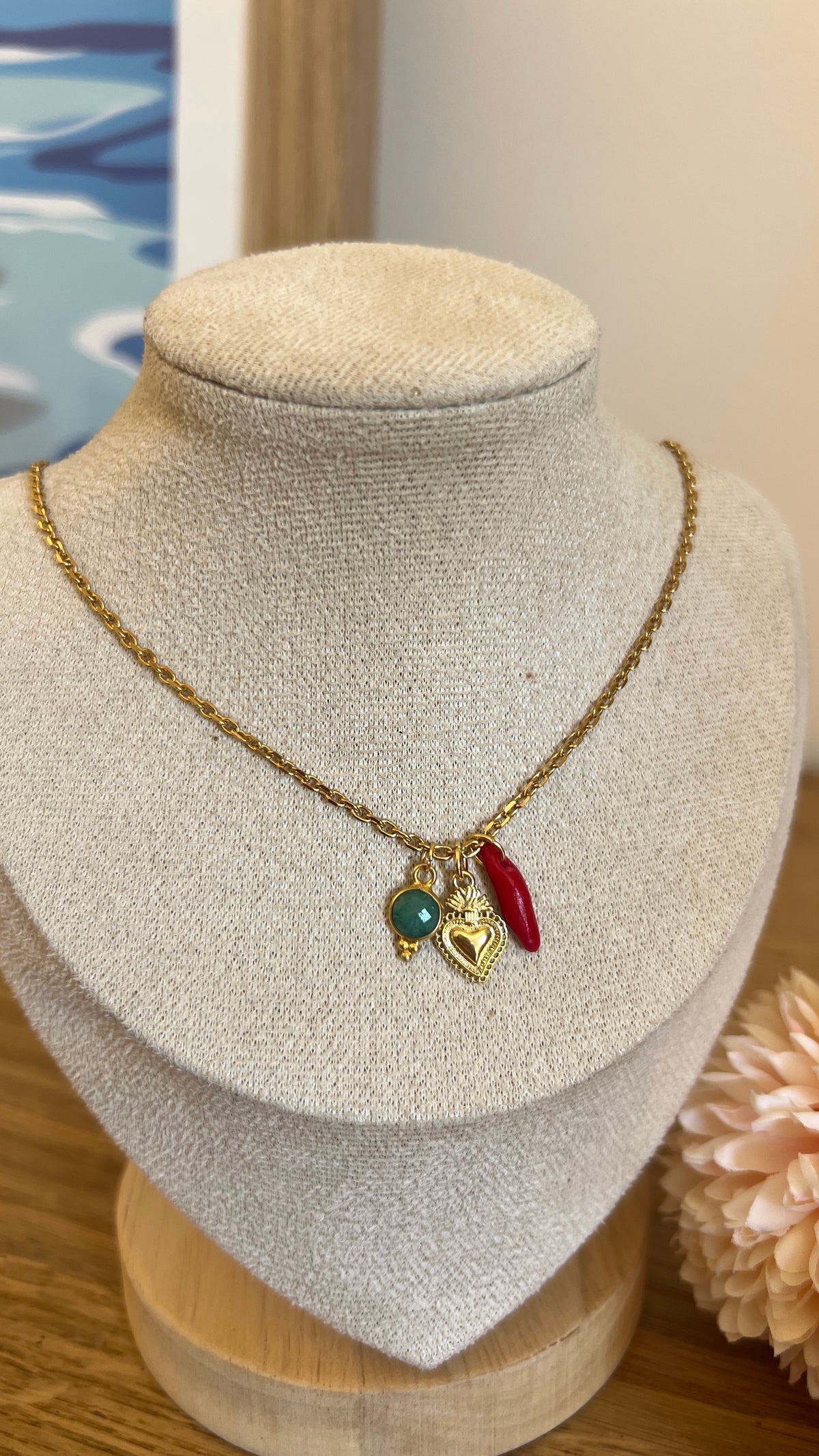 Collier en acier inoxydable - pierre naturelle et corail
