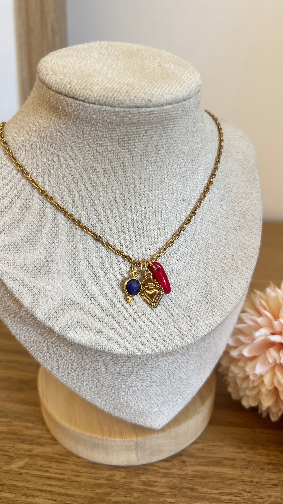 Collier en acier inoxydable - pierre naturelle et corail