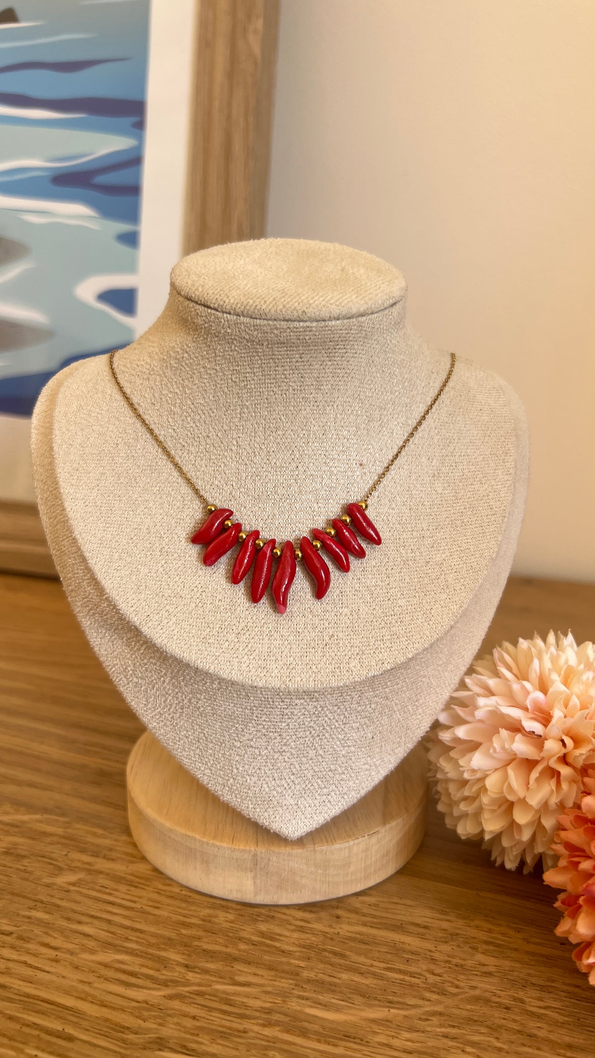 Collier en acier inoxydable petit corail rouge