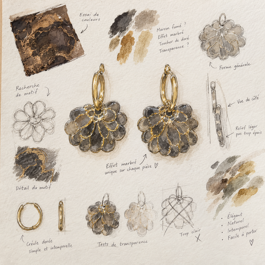 Boucles d'oreilles Rosalie – créoles à pampilles interchangeables - coloris gris anthracite doré
