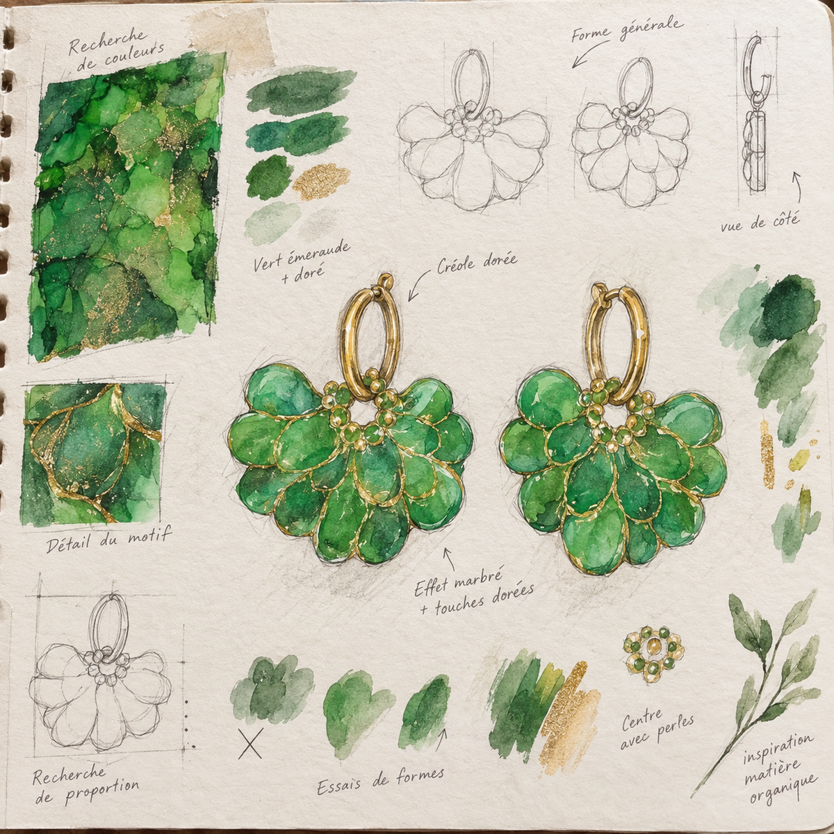 Boucles d'oreilles Rosalie – créoles à pampilles interchangeables - coloris vert irisé